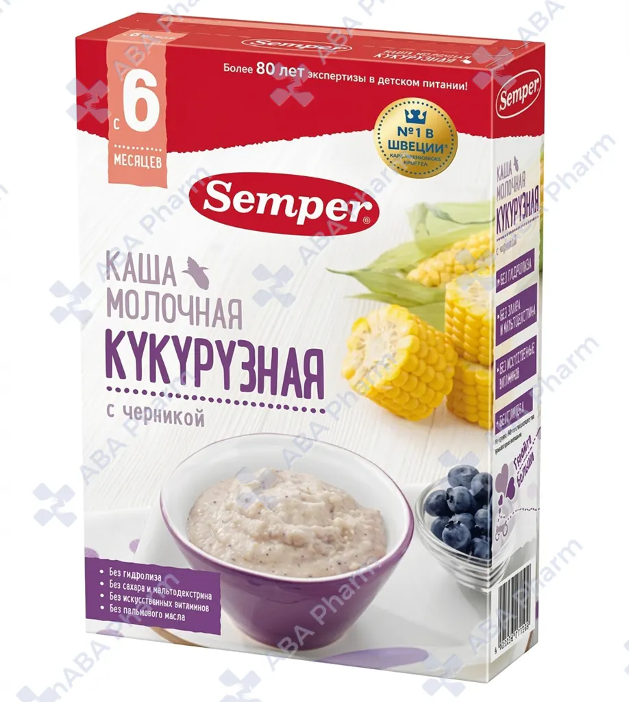 Семпер каша мол. кукурузная с черникой 180г 6+ №1