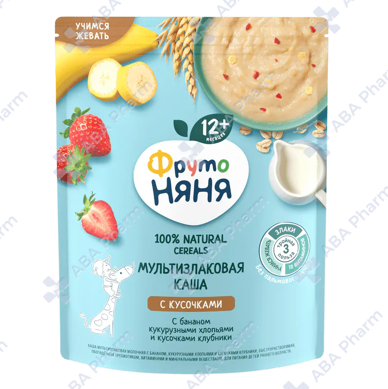 Фруто Няня каша молочная мультизлаковая с бананом кукурузными хлопьями кусочками клубники с 12 мес. 200г №1