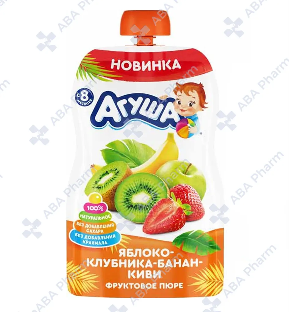Агуша пюре фрукт, Яблоко банан клубника киви с 6мес. 90г пауч №1