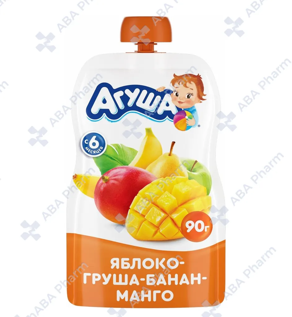 Агуша пюре фрукт, Яблоко груша банан манго с 6мес. 90г пауч №1