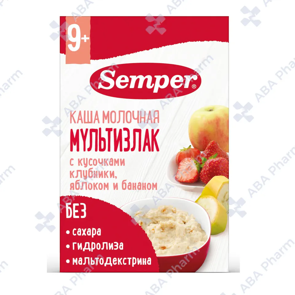 Семпер каша молочная мультизлак с кусочками клубники яблоко банан 180г №1